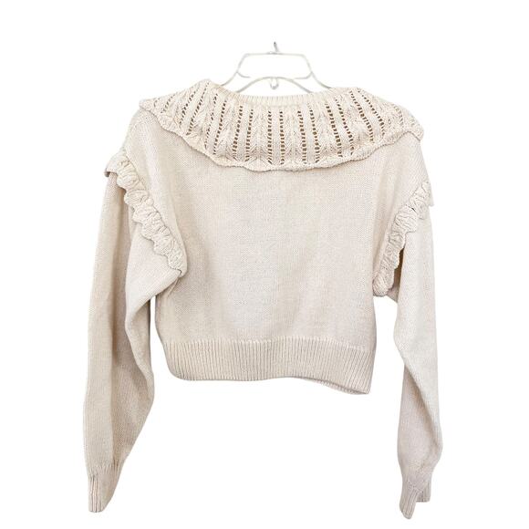 Zara Cream Floral Embroidered Eyelet Collar Frill Sleeve Cardigan Sweater Size S - Picture 6 of 9